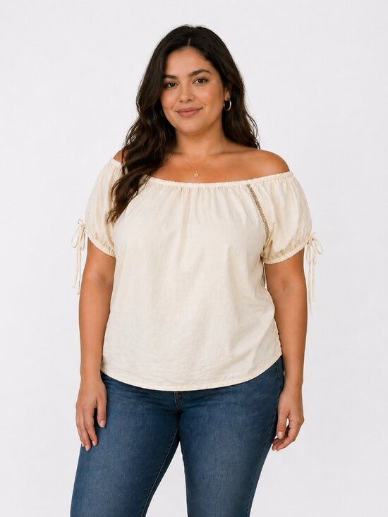 Herve Benard Tops - Herve Benard Off Shoulder Blouse Size L White Boho Puff Sleeve New 24x23.5